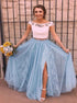 Two Piece Lace Split Off the Shoulder Prom Dresses with Rhinestones LBQ0916